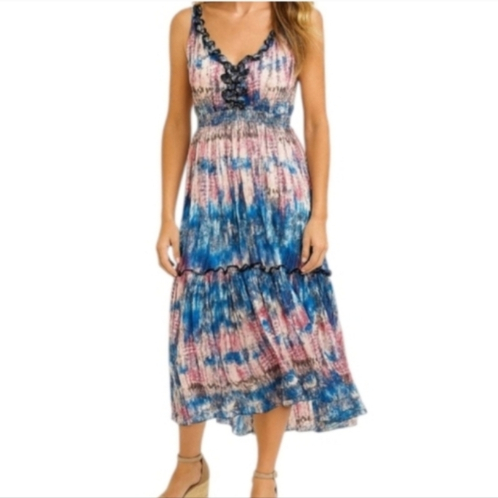 Reba Blue Pink Sleeveless Ruffle V Neck Boho Western Floral Tie Dye Maxi Dress